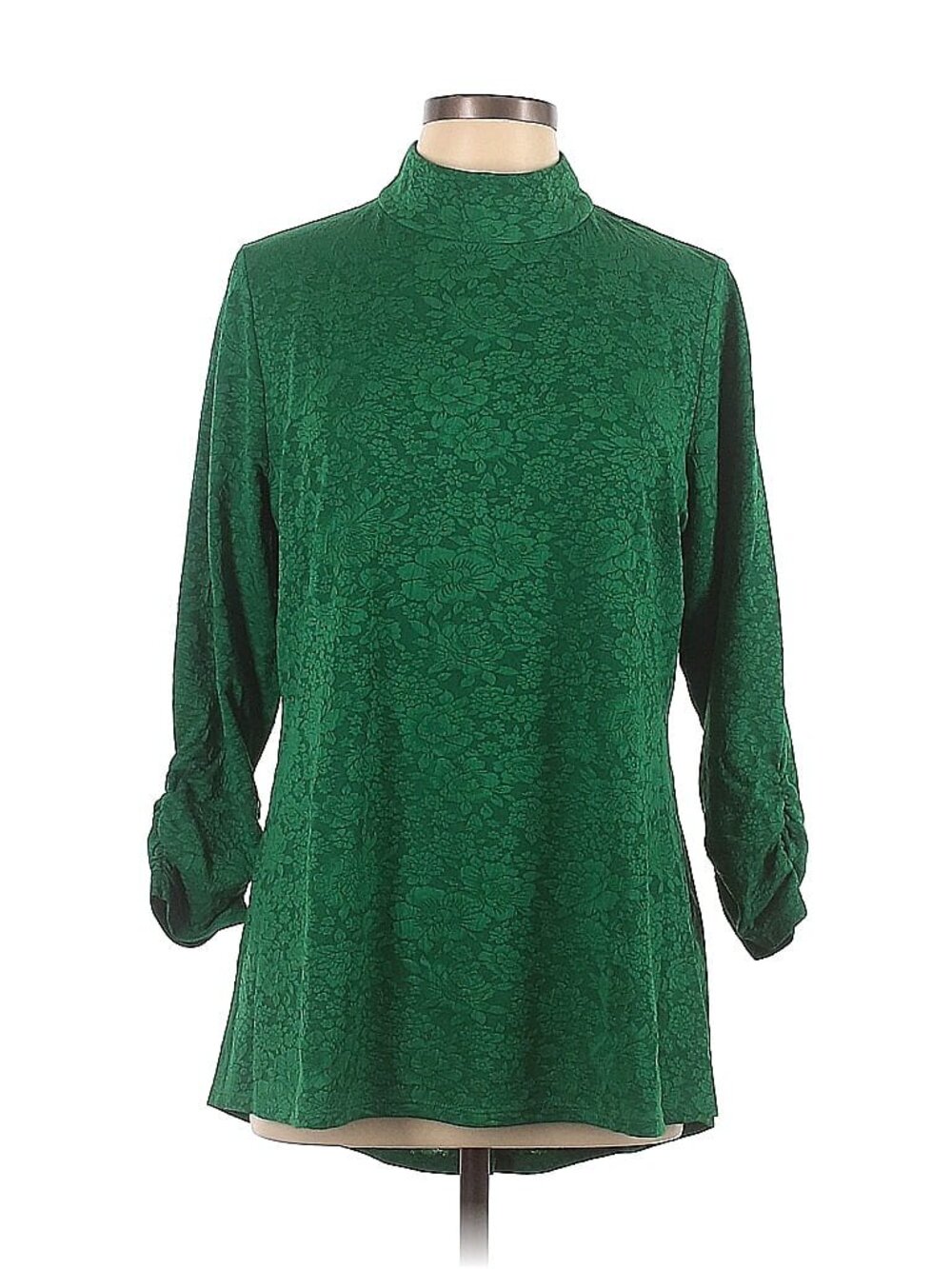 SUSAN GRAVER Green Mock Neck Ruched Sleeves Jacquard Hi-Lo Top Size L